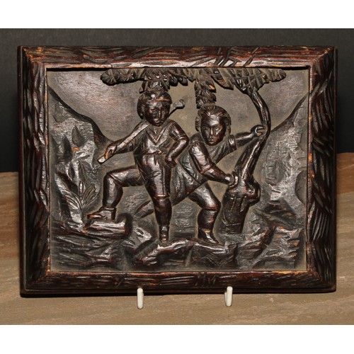 115 - A Black Forest rectangular panel, carved in relief with boys out nesting, 21.5cm wide, late 19th cen... 