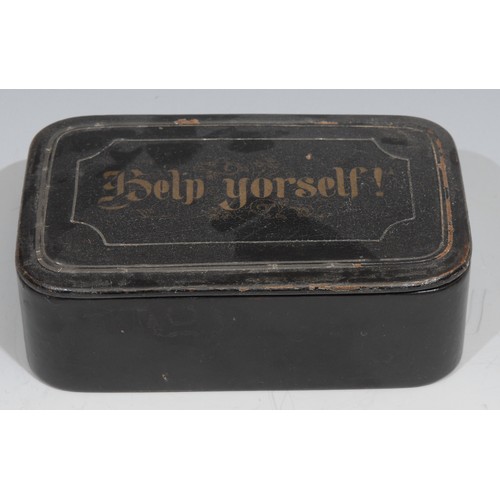 736 - A large late 19th century papier-mâché rounded rectangular table or shop counter snuff box, the cove... 