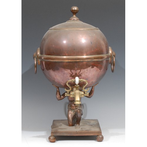 360 - A Regency copper and brass figural pedestal samovar, the globular cistern supported by the kneeling ... 