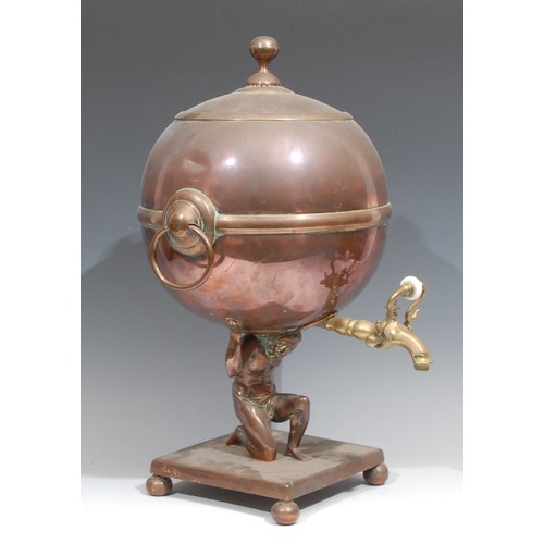 360 - A Regency copper and brass figural pedestal samovar, the globular cistern supported by the kneeling ... 