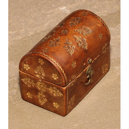 105 - A 19th century tooled and gilt leather domed rectangular miniature casket, hinged cover, 4.5cm wide;... 