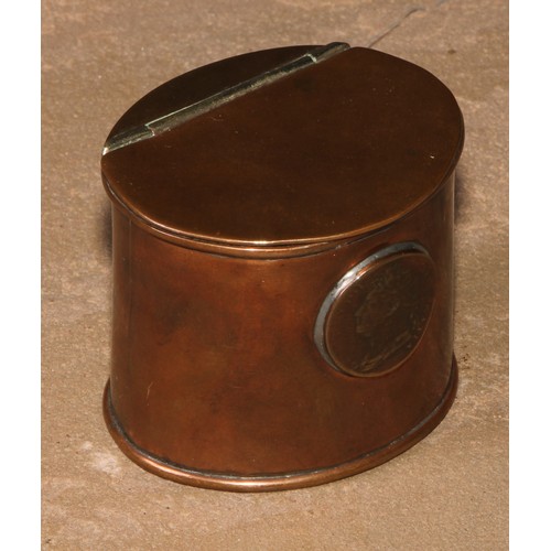 216 - A George III copper oval snuff mull or box, hinged cover, the front set with a half penny, 5cm high