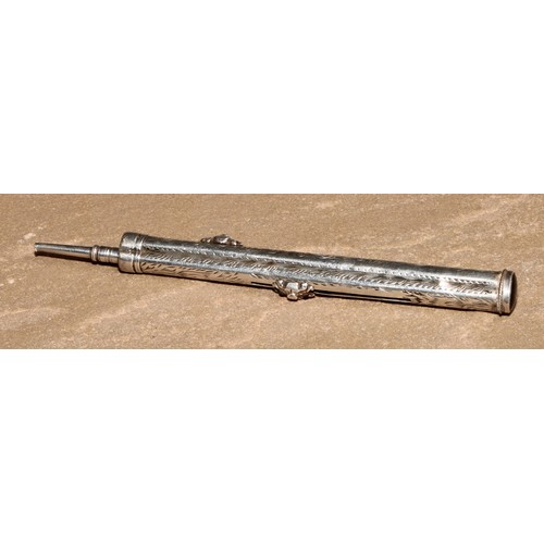 98 - A 19th century silver coloured metal combination pen and propelling pencil, engraved with scrolling ... 