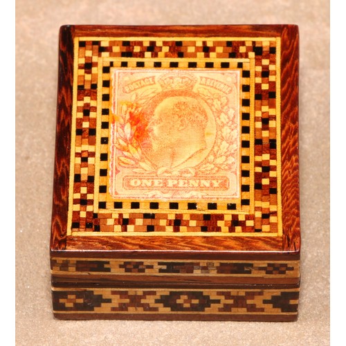 379 - A Tunbridge ware rectangular stamp box, push-fitting cover decorated with an Edward VII one penny st... 