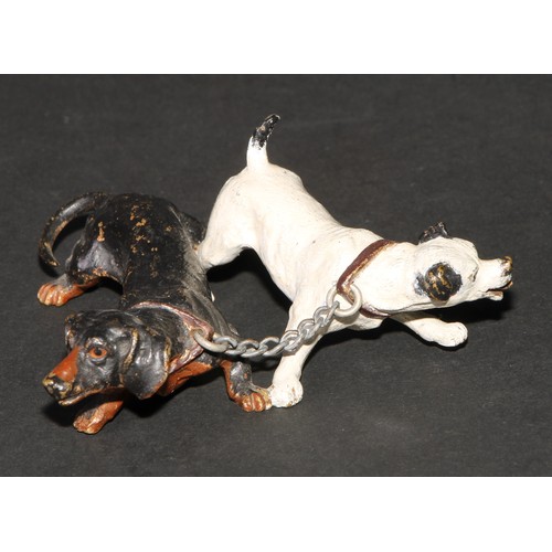 442 - An Austrian cold painted bronze group, cast as a dachshund and a terrier, 7cm long, indistinctly mar... 