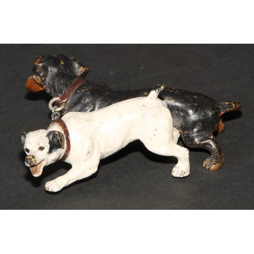 442 - An Austrian cold painted bronze group, cast as a dachshund and a terrier, 7cm long, indistinctly mar... 