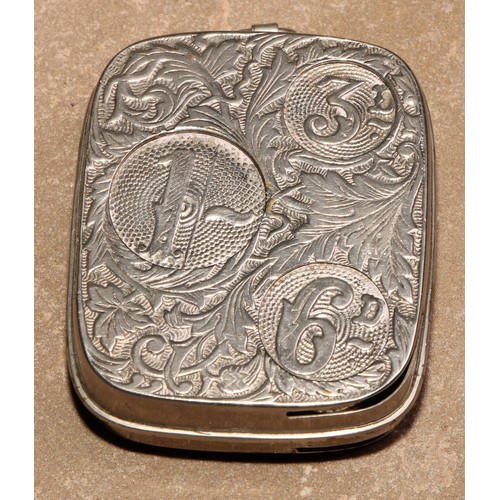 466 - An early 20th century sprung five-section pocket coin holder, for 2/6 to 6d, 7cm wide; others (3)