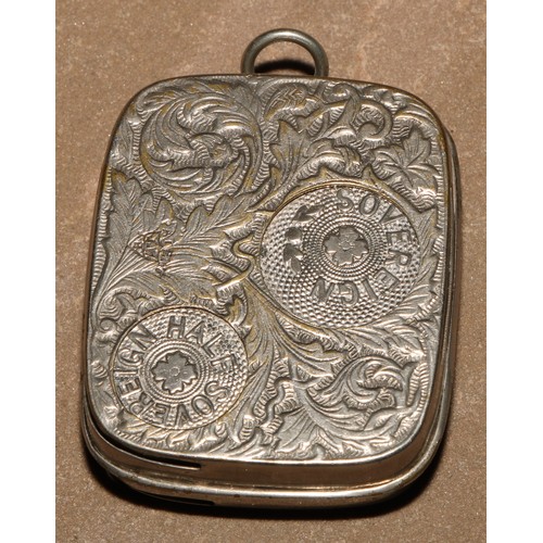 466 - An early 20th century sprung five-section pocket coin holder, for 2/6 to 6d, 7cm wide; others (3)