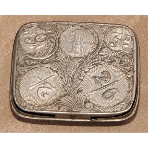 466 - An early 20th century sprung five-section pocket coin holder, for 2/6 to 6d, 7cm wide; others (3)