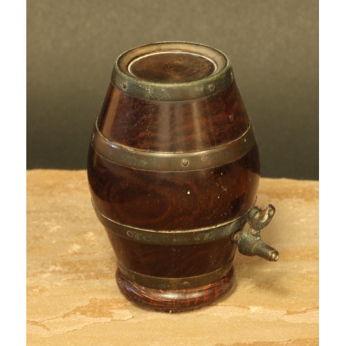 669 - Treen - a 19th century turned lignum vitae novelty string box, as a barrel, screw-fitting cover, the... 