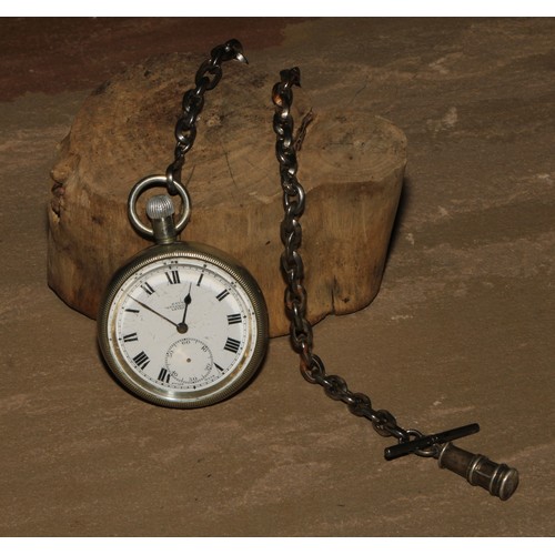 102 - A 19th century steel Albert chain, 27.5cm long; a silver plated open faced pocket watch; a George V ... 