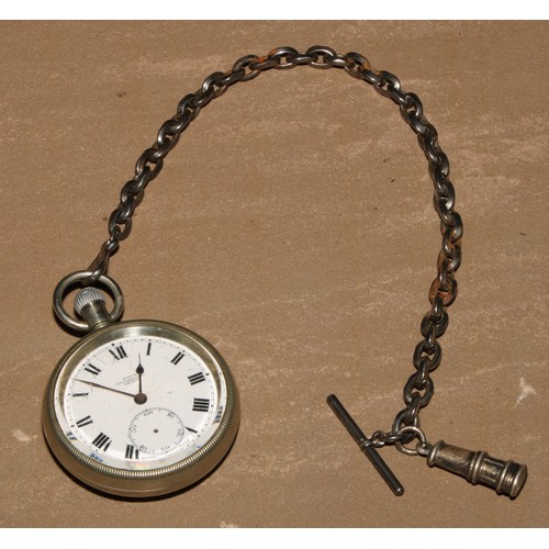 102 - A 19th century steel Albert chain, 27.5cm long; a silver plated open faced pocket watch; a George V ... 