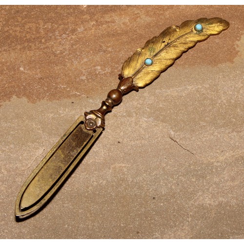 260 - A late 19th century gilt brass novelty bookmark, as a feather quill, set with turquoise cabochons, 1... 