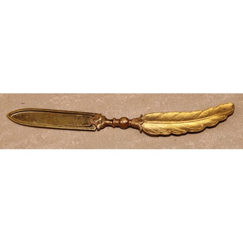 260 - A late 19th century gilt brass novelty bookmark, as a feather quill, set with turquoise cabochons, 1... 