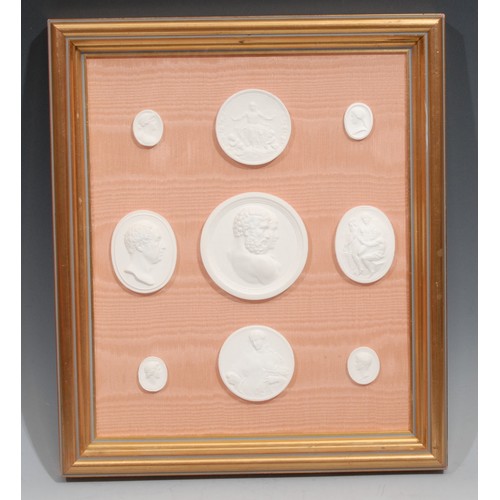 423 - An arrangement of plaster intaglio impressions, various Grand Tour and historical subjects, 36cm x 3... 