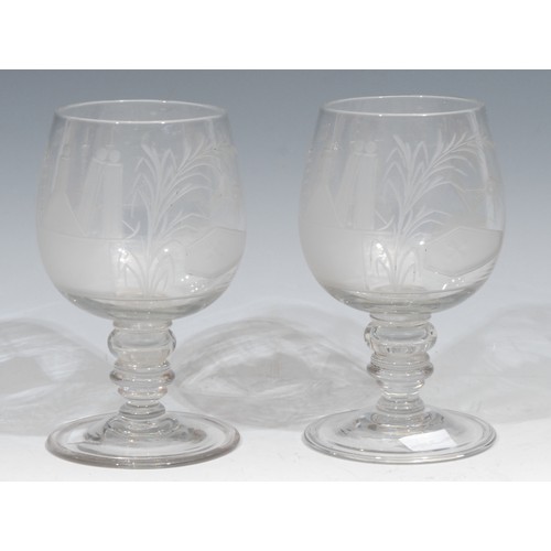 560 - Freemasonry & Friendly Society Interest - a pair of 19th century drinking glasses, each profusely et... 