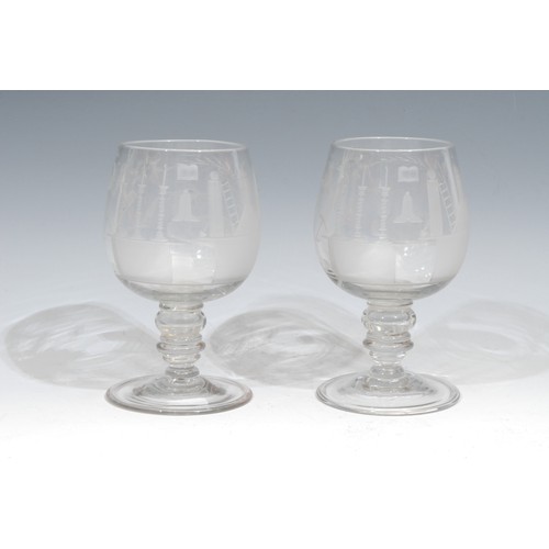 560 - Freemasonry & Friendly Society Interest - a pair of 19th century drinking glasses, each profusely et... 