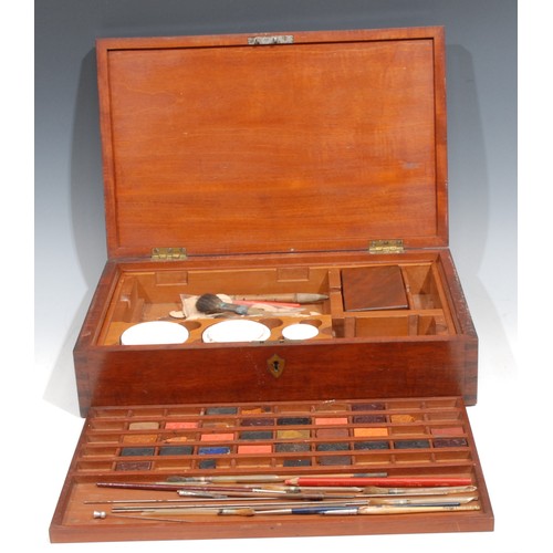 249 - A large 19th century mahogany artist’s box, hinged cover enclosing two fitted lift-out trays contain... 