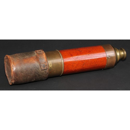 711 - A 19th century brass and mahogany three-draw day or night telescope, by Dolland, London,sliding aper... 