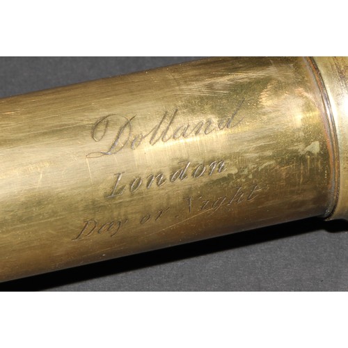 711 - A 19th century brass and mahogany three-draw day or night telescope, by Dolland, London,sliding aper... 