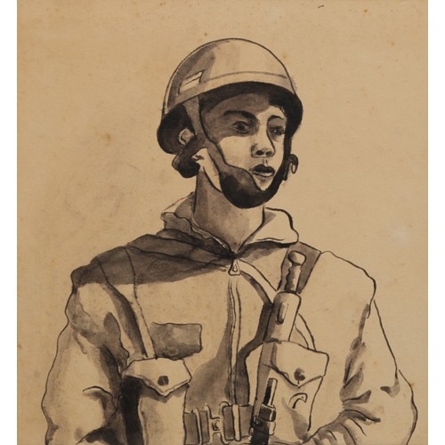 542 - English School (20th century)
Paratrooper, Study
pen and ink wash, 17cm x 15cm; a portrait of an off... 