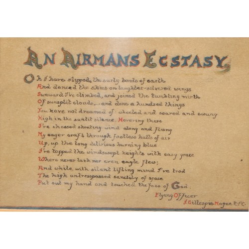 687 - World War I - Royal Flying Corps - a manuscript poem, An Airman's Ecstasy, by Flying Officer J Gille... 