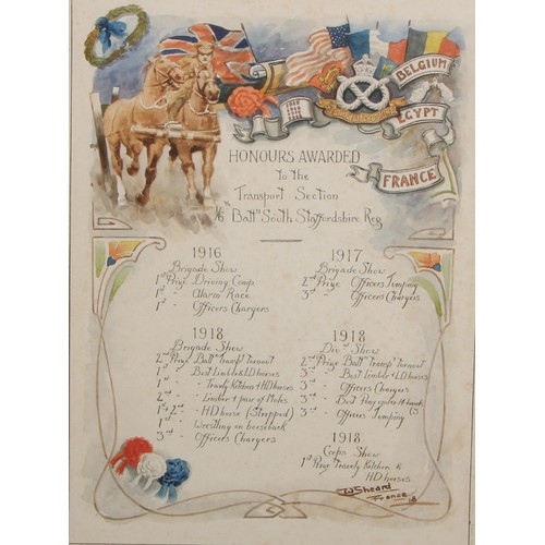 686 - World War I - a watercolour dedication, Honours Awarded to the Transport Section, 1/6th Battn. South... 