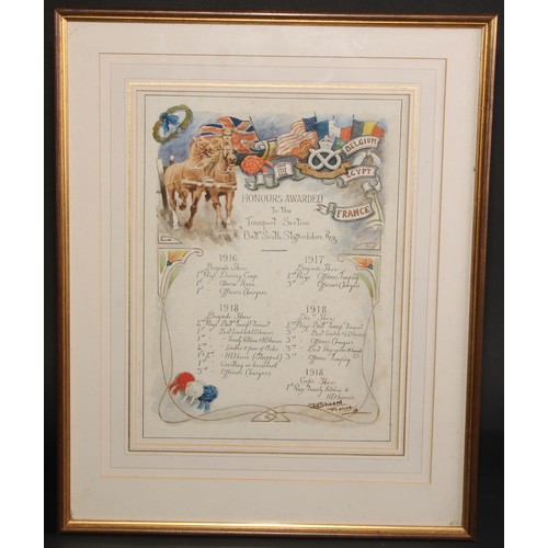 686 - World War I - a watercolour dedication, Honours Awarded to the Transport Section, 1/6th Battn. South... 