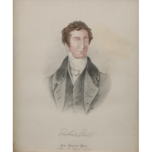 411 - After Sir Thomas Lawrence
Portrait of Sir Robert Peel
pencil and watercolour, 22.5cm x 18.5cm