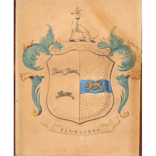 581 - Heraldry - a 19th century watercolour armorial, Cutcliffe et Lovering, 10.5cm x 8cm, maple frame, 21... 