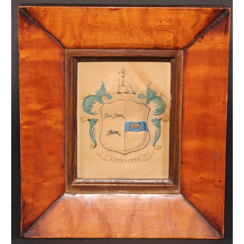 581 - Heraldry - a 19th century watercolour armorial, Cutcliffe et Lovering, 10.5cm x 8cm, maple frame, 21... 