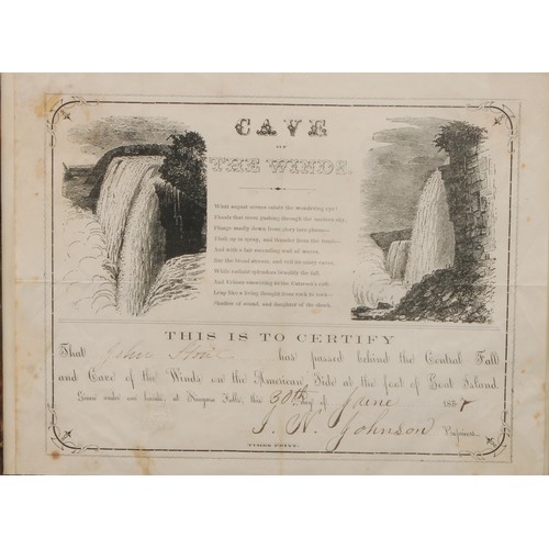 665 - Travel - Niagara Falls - a 19th century certificate, for passing behind the Central Fall and Cave of... 