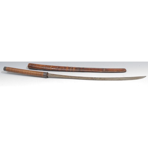 861 - A Burmese dha sword, 57.5cm curved tapered single-edged blade, rattan-bound hilt with silver coloure... 