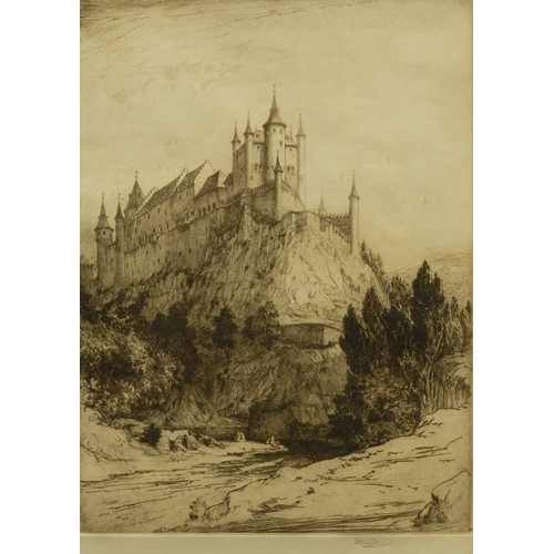 579 - Henry Percy Huggill (1886 - 1957), by and after, Castle on a Hilltop, etching, signed in pencil, 36c... 