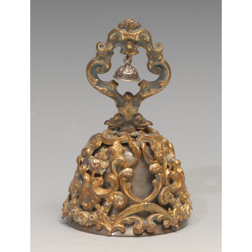51 - A 19th century gilt metal and enamel table bell, cast and embossed with a profusion of flowers and l... 