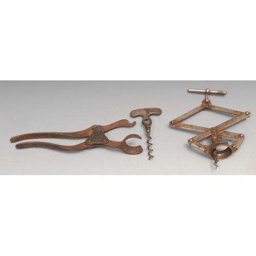 577 - Helixophilia - a 19th century Lund patent two-part lever corkscrew, 20cm long; a concertina action c... 