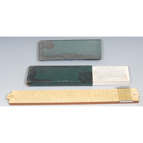 715 - A Fowler's Textile Calculator, short scale type, 9cm over loop, cased; slide rules, various manufact... 