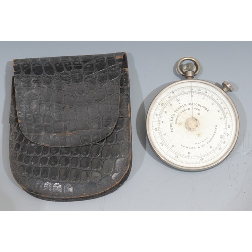 715 - A Fowler's Textile Calculator, short scale type, 9cm over loop, cased; slide rules, various manufact... 