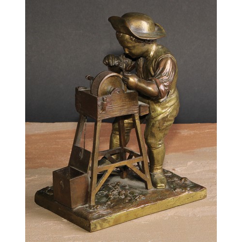 502 - An unusual 19th century French bronze automaton table vesta, as a young knife grinder, his wheel wit... 