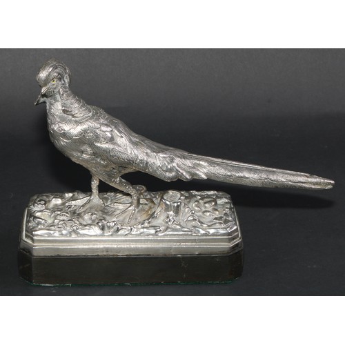 531 - Continental School (first-half 20th century), a silvered bronze, of a pheasant, canted black marble ... 