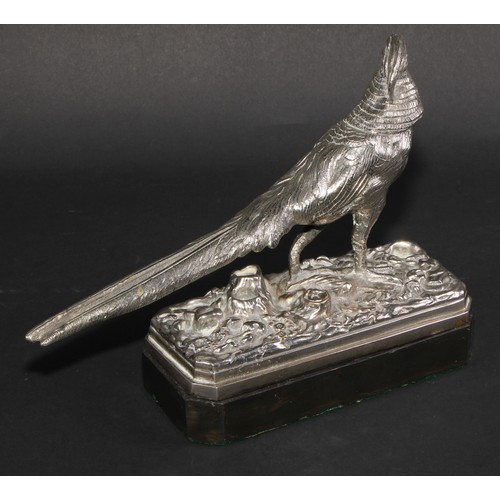 531 - Continental School (first-half 20th century), a silvered bronze, of a pheasant, canted black marble ... 