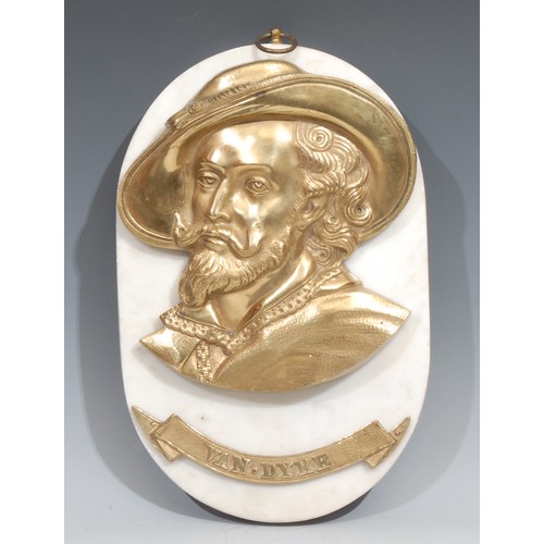 48 - A 19th century gilt brass portrait plaque, depicting Sir Anthony Van Dyke (1599 - 1641), oval white ... 
