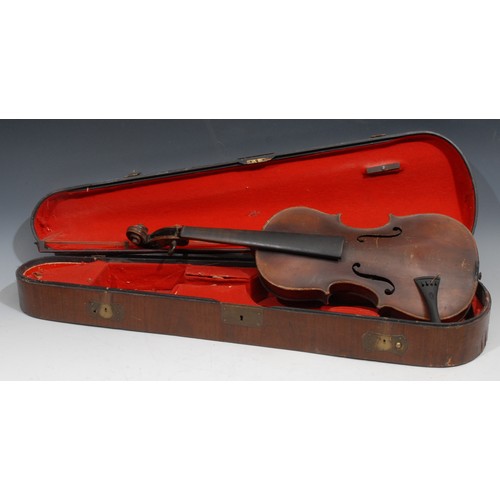 761 - A violin, the two-piece back 36cm long excluding button, 59.5cm long overall, the bow apparently uns... 