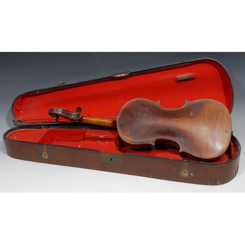 761 - A violin, the two-piece back 36cm long excluding button, 59.5cm long overall, the bow apparently uns... 