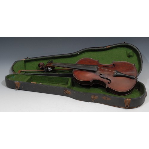 758 - A violin, the one-piece back 33cm long excluding button, paper label printed Dulcis et Fortis J.T.L,... 