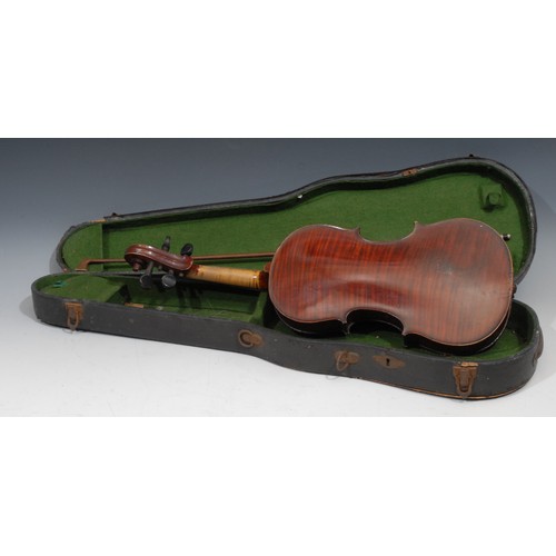 758 - A violin, the one-piece back 33cm long excluding button, paper label printed Dulcis et Fortis J.T.L,... 