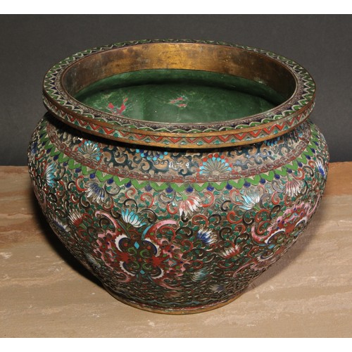 146 - A Chinese cloisonne champlevé enamelled lobed ovoid jardiniere, the base enamelled in green with cha... 