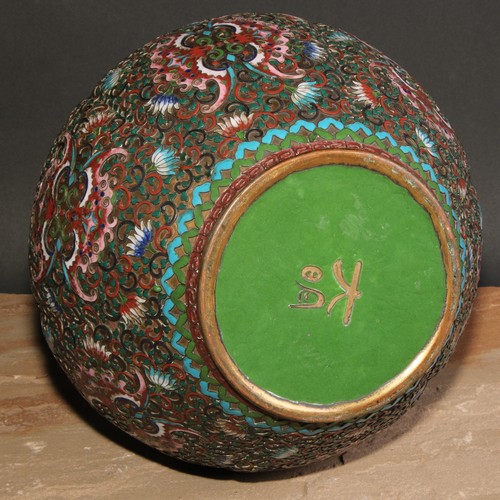 146 - A Chinese cloisonne champlevé enamelled lobed ovoid jardiniere, the base enamelled in green with cha... 