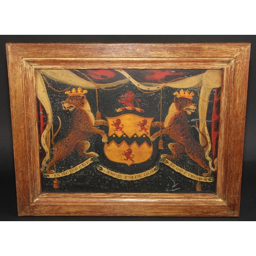 582 - Heraldry - a George III carriage panel, painted in polychrome and gilt with the arms of Lord Rolle, ... 