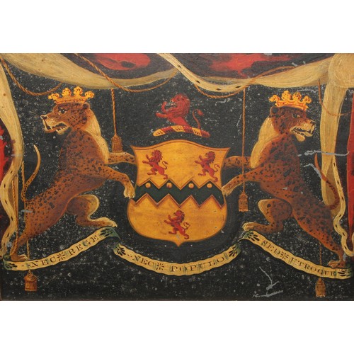 582 - Heraldry - a George III carriage panel, painted in polychrome and gilt with the arms of Lord Rolle, ... 